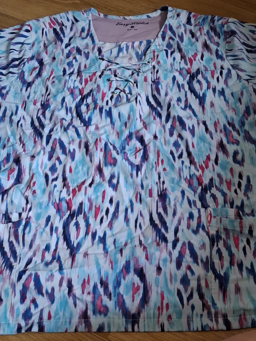 Easy Stretch Gisele Lace Up V-Neck Scrub Top Blue & Pink 2X